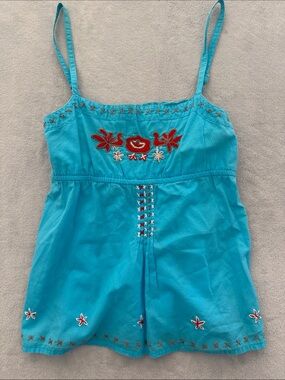 Women’s Turquoise Embroidered Spaghetti Strap Tank Top